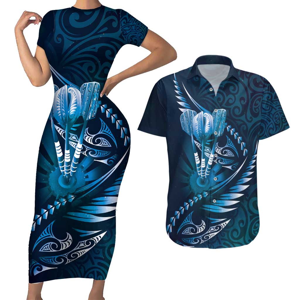 Personalised All Blue New Zealand Darts Couples Matching Short Sleeve Bodycon Dress and Hawaiian Shirt Aoteroa Fern Maori Galaxy Style LT14 Blue - Polynesian Pride