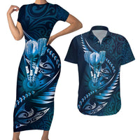 Personalised All Blue New Zealand Darts Couples Matching Short Sleeve Bodycon Dress and Hawaiian Shirt Aoteroa Fern Maori Galaxy Style LT14 Blue - Polynesian Pride
