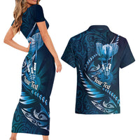 Personalised All Blue New Zealand Darts Couples Matching Short Sleeve Bodycon Dress and Hawaiian Shirt Aoteroa Fern Maori Galaxy Style LT14 - Polynesian Pride
