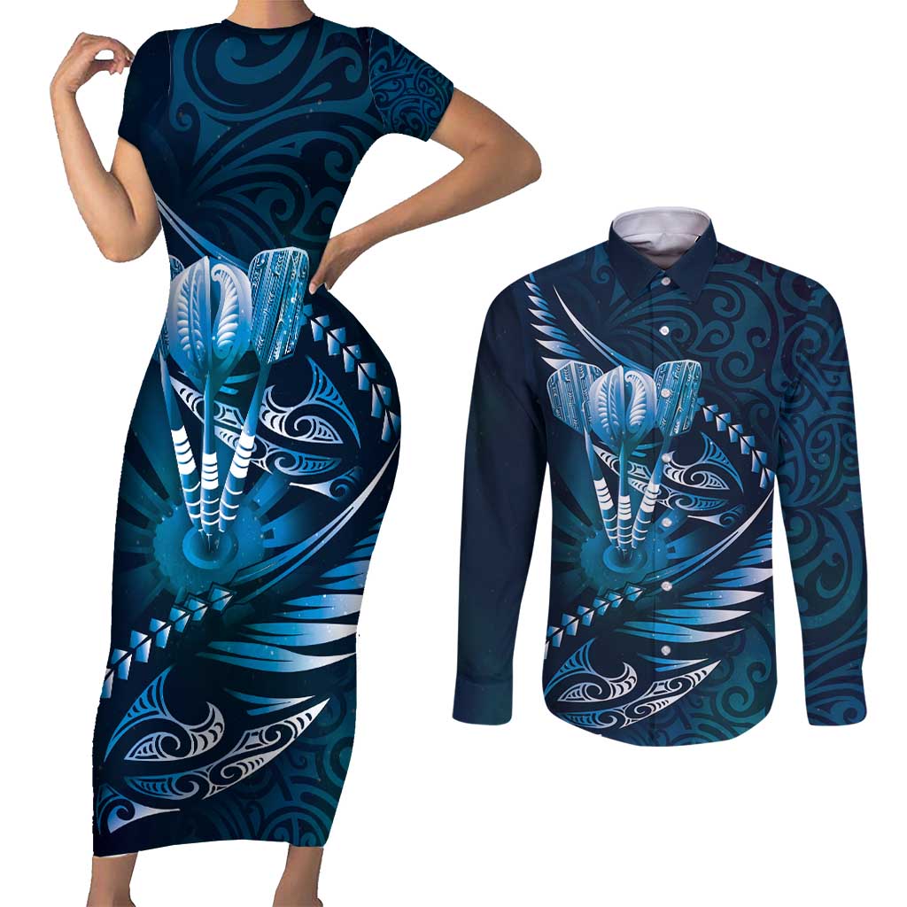Personalised All Blue New Zealand Darts Couples Matching Short Sleeve Bodycon Dress and Long Sleeve Button Shirt Aoteroa Fern Maori Galaxy Style LT14 Blue - Polynesian Pride
