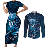 Personalised All Blue New Zealand Darts Couples Matching Short Sleeve Bodycon Dress and Long Sleeve Button Shirt Aoteroa Fern Maori Galaxy Style LT14 Blue - Polynesian Pride