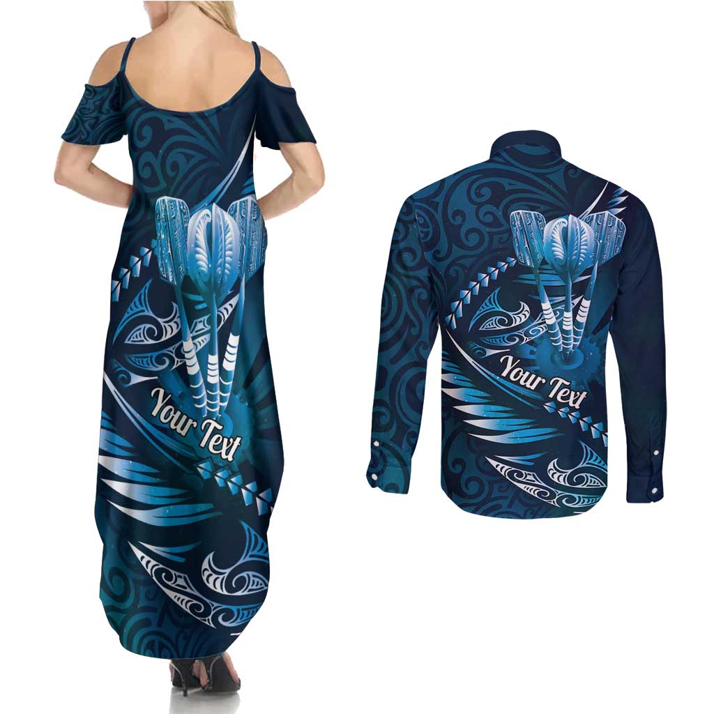 Personalised All Blue New Zealand Darts Couples Matching Summer Maxi Dress and Long Sleeve Button Shirt Aoteroa Fern Maori Galaxy Style LT14 - Polynesian Pride
