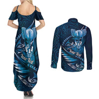 Personalised All Blue New Zealand Darts Couples Matching Summer Maxi Dress and Long Sleeve Button Shirt Aoteroa Fern Maori Galaxy Style LT14 - Polynesian Pride