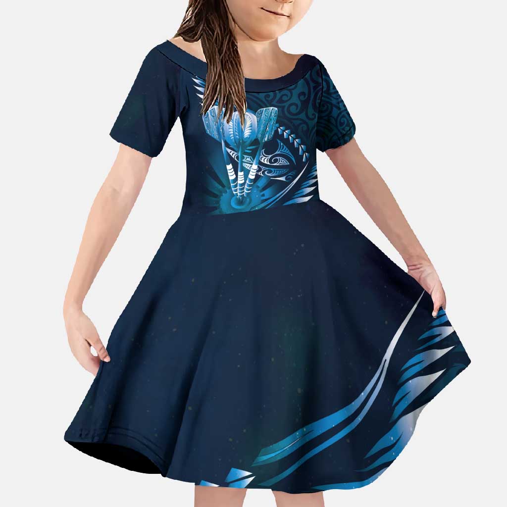 Personalised All Blue New Zealand Darts Family Matching Long Sleeve Bodycon Dress and Hawaiian Shirt Aoteroa Fern Maori Galaxy Style LT14 Daughter's Dress Blue - Polynesian Pride