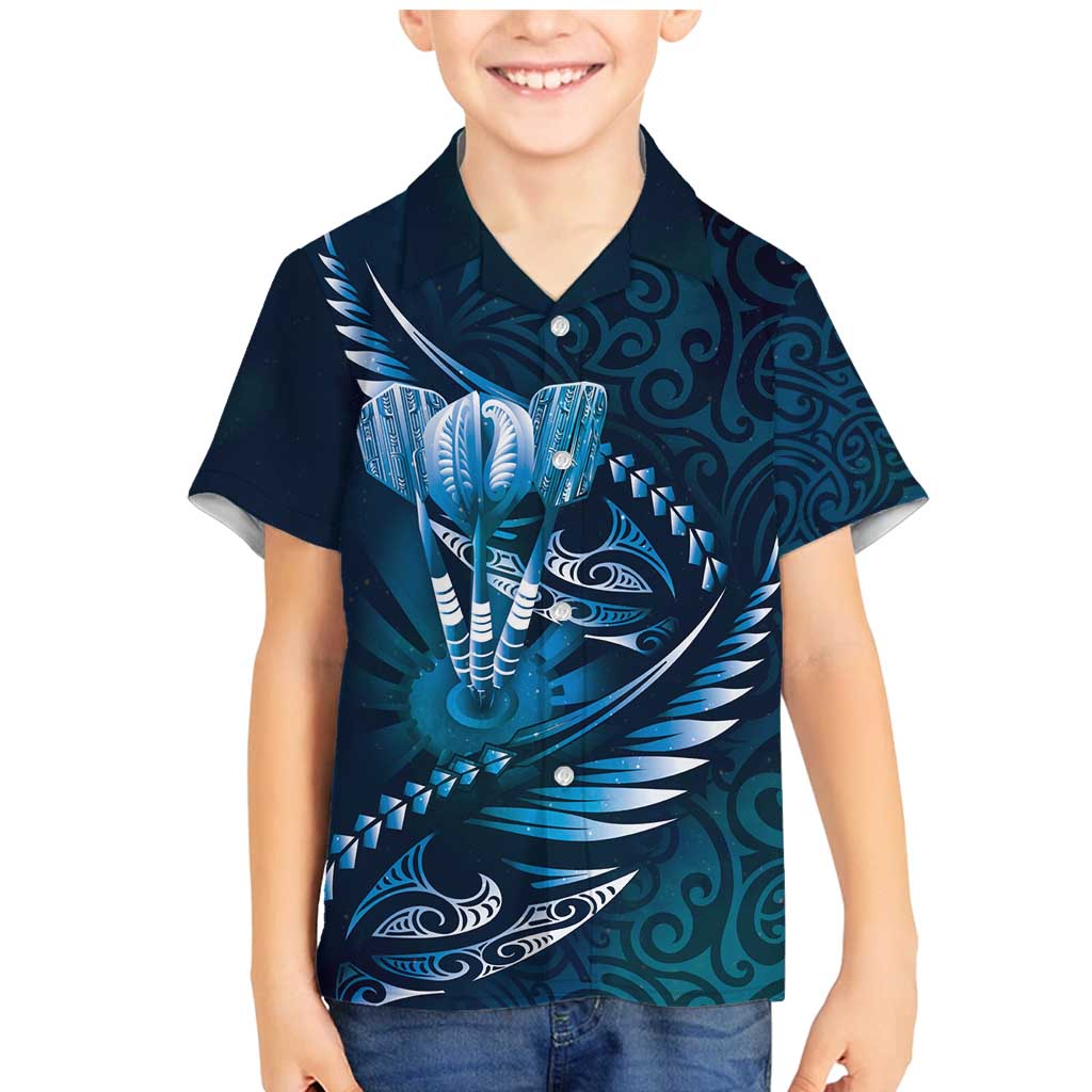 Personalised All Blue New Zealand Darts Family Matching Mermaid Dress and Hawaiian Shirt Aoteroa Fern Maori Galaxy Style LT14 Son's Shirt Blue - Polynesian Pride