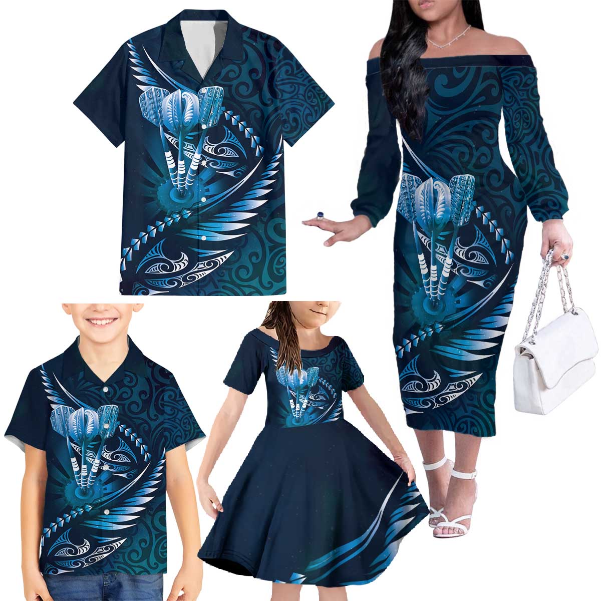 Personalised All Blue New Zealand Darts Family Matching Off The Shoulder Long Sleeve Dress and Hawaiian Shirt Aoteroa Fern Maori Galaxy Style LT14 - Polynesian Pride