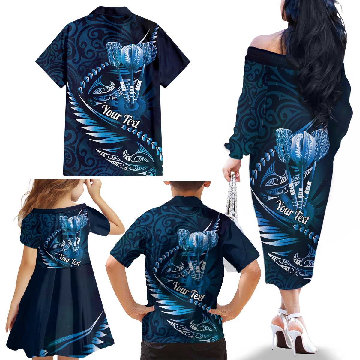 Personalised All Blue New Zealand Darts Family Matching Off The Shoulder Long Sleeve Dress and Hawaiian Shirt Aoteroa Fern Maori Galaxy Style LT14 - Polynesian Pride