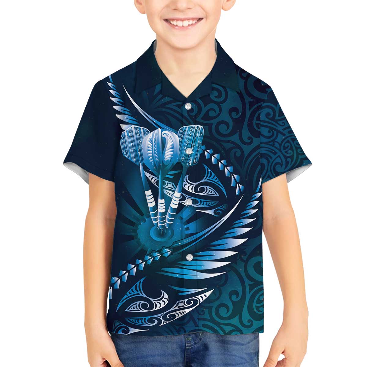Personalised All Blue New Zealand Darts Family Matching Off The Shoulder Long Sleeve Dress and Hawaiian Shirt Aoteroa Fern Maori Galaxy Style LT14 Son's Shirt Blue - Polynesian Pride