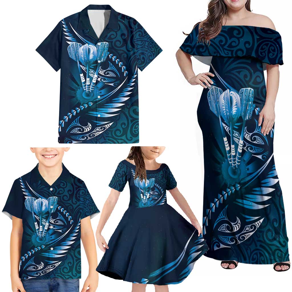 Personalised All Blue New Zealand Darts Family Matching Off Shoulder Maxi Dress and Hawaiian Shirt Aoteroa Fern Maori Galaxy Style LT14 - Polynesian Pride