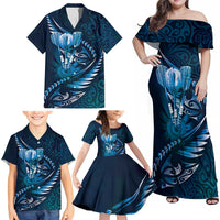 Personalised All Blue New Zealand Darts Family Matching Off Shoulder Maxi Dress and Hawaiian Shirt Aoteroa Fern Maori Galaxy Style LT14 - Polynesian Pride