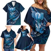 Personalised All Blue New Zealand Darts Family Matching Off Shoulder Short Dress and Hawaiian Shirt Aoteroa Fern Maori Galaxy Style LT14 - Polynesian Pride
