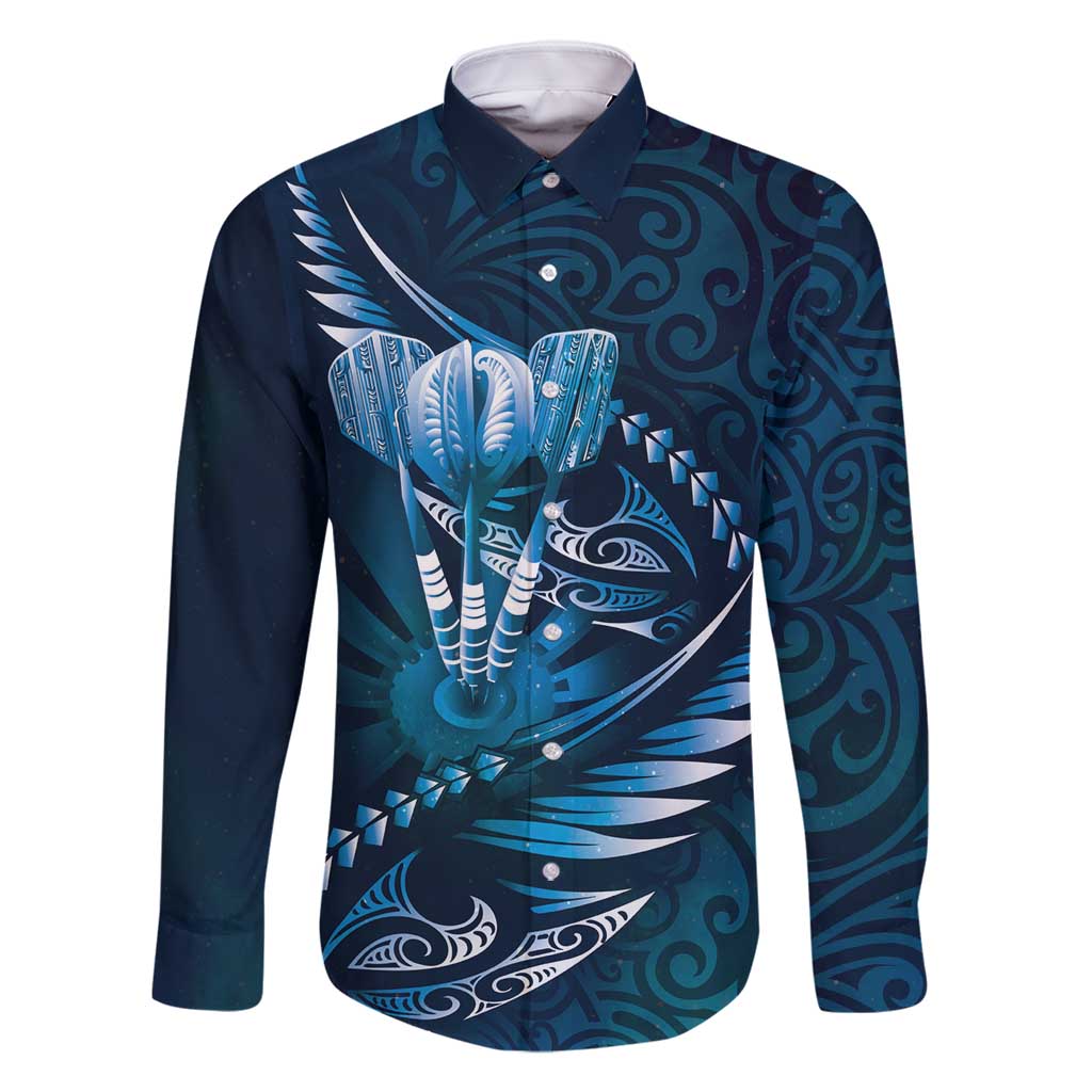 Personalised All Blue New Zealand Darts Family Matching Off Shoulder Short Dress and Hawaiian Shirt Aoteroa Fern Maori Galaxy Style LT14 Dad's Shirt - Long Sleeve Blue - Polynesian Pride