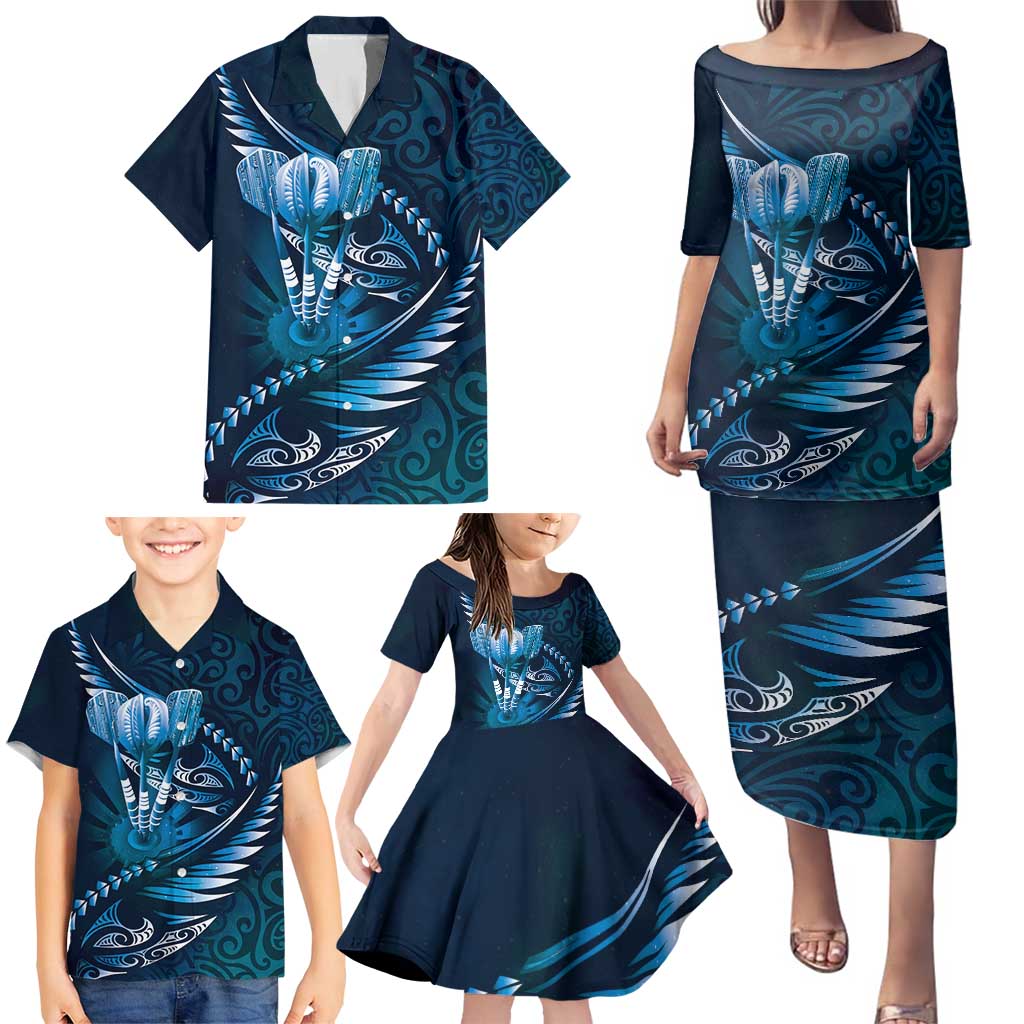 Personalised All Blue New Zealand Darts Family Matching Puletasi and Hawaiian Shirt Aoteroa Fern Maori Galaxy Style LT14 - Polynesian Pride