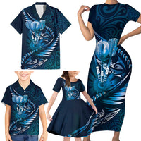 Personalised All Blue New Zealand Darts Family Matching Short Sleeve Bodycon Dress and Hawaiian Shirt Aoteroa Fern Maori Galaxy Style LT14 - Polynesian Pride