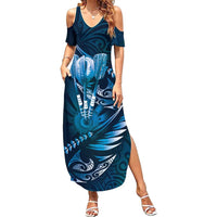 Personalised All Blue New Zealand Darts Family Matching Summer Maxi Dress and Hawaiian Shirt Aoteroa Fern Maori Galaxy Style LT14 Mom's Dress Blue - Polynesian Pride