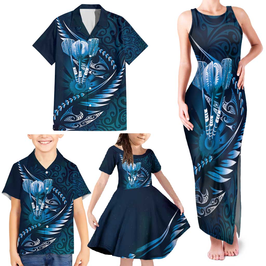 Personalised All Blue New Zealand Darts Family Matching Tank Maxi Dress and Hawaiian Shirt Aoteroa Fern Maori Galaxy Style LT14 - Polynesian Pride