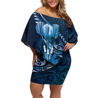 Personalised All Blue New Zealand Darts Off Shoulder Short Dress Aoteroa Fern Maori Galaxy Style LT14 Women Blue - Polynesian Pride
