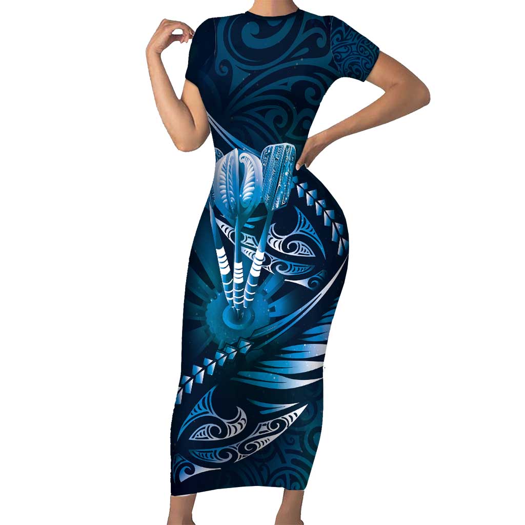 Personalised All Blue New Zealand Darts Short Sleeve Bodycon Dress Aoteroa Fern Maori Galaxy Style LT14 Long Dress Blue - Polynesian Pride
