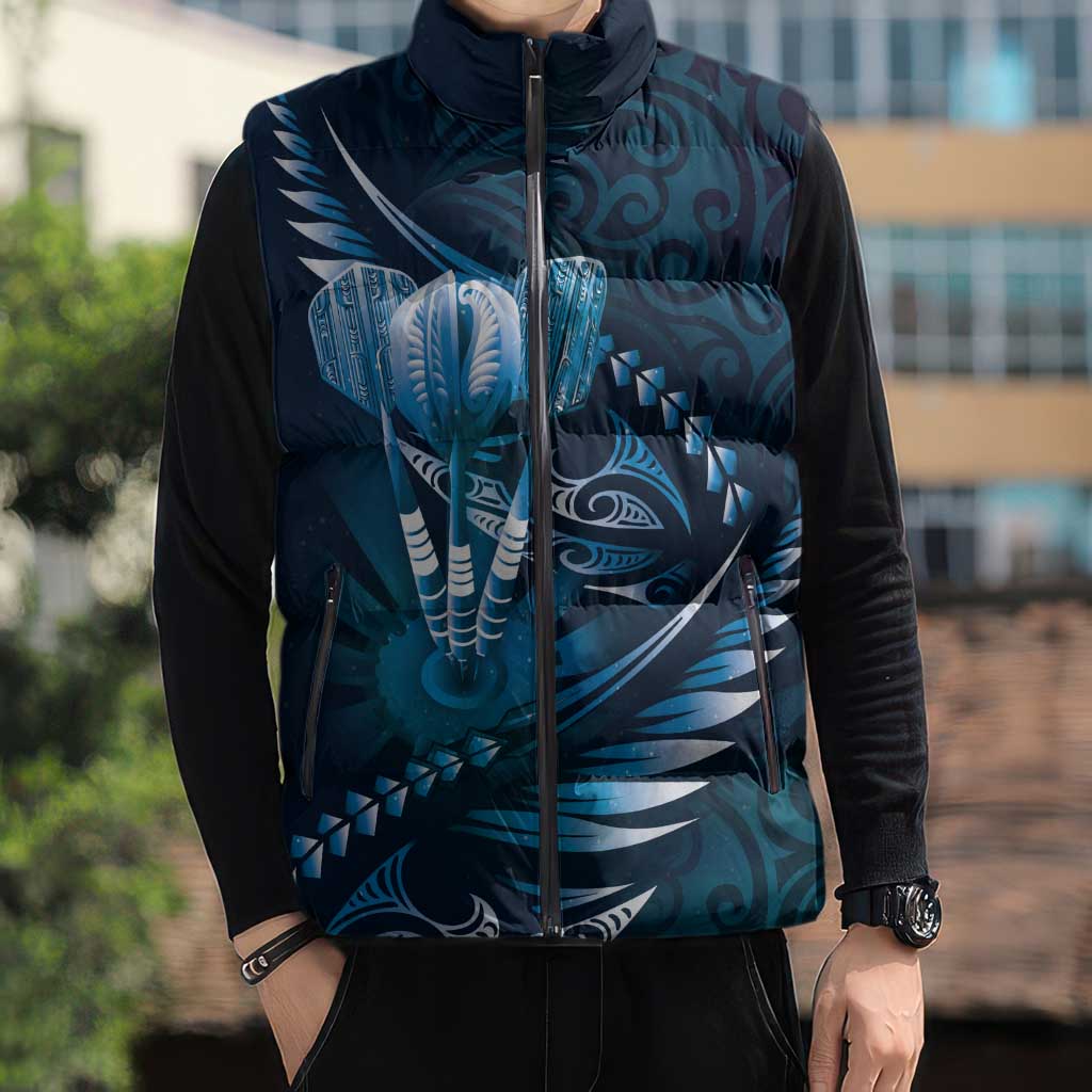 Personalised All Blue New Zealand Darts Sleeveless Puffer Jacket Aoteroa Fern Maori Galaxy Style - Polynesian Pride