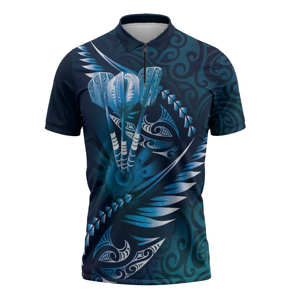 Personalised All Blue New Zealand Darts Zipper Polo Shirt Aoteroa Fern Maori Galaxy Style LT14 Blue - Polynesian Pride