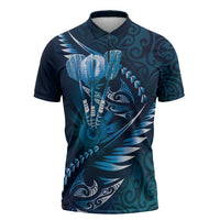 Personalised All Blue New Zealand Darts Zipper Polo Shirt Aoteroa Fern Maori Galaxy Style LT14 Blue - Polynesian Pride