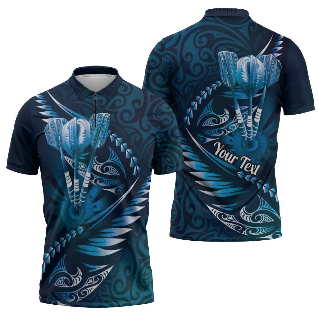 Personalised All Blue New Zealand Darts Zipper Polo Shirt Aoteroa Fern Maori Galaxy Style LT14 - Polynesian Pride
