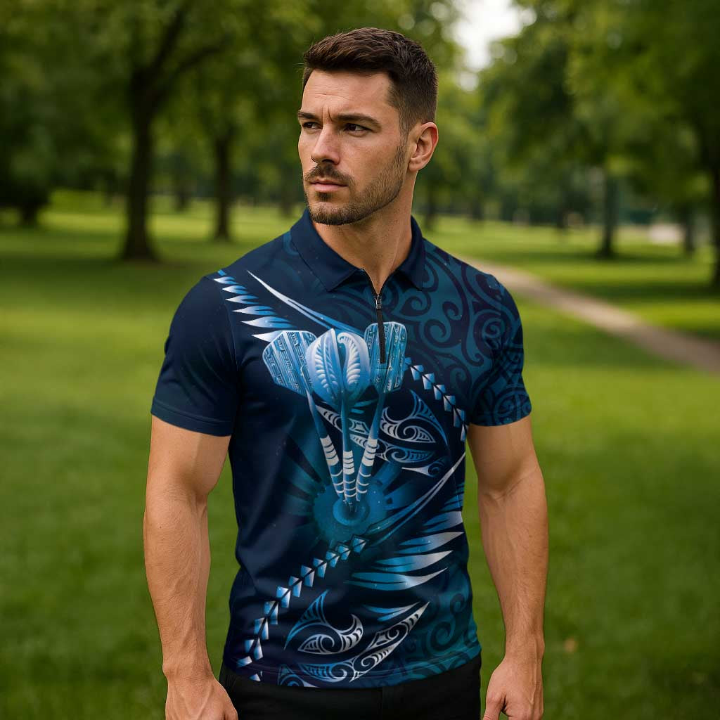 Personalised All Blue New Zealand Darts Zipper Polo Shirt Aoteroa Fern Maori Galaxy Style LT14 - Polynesian Pride