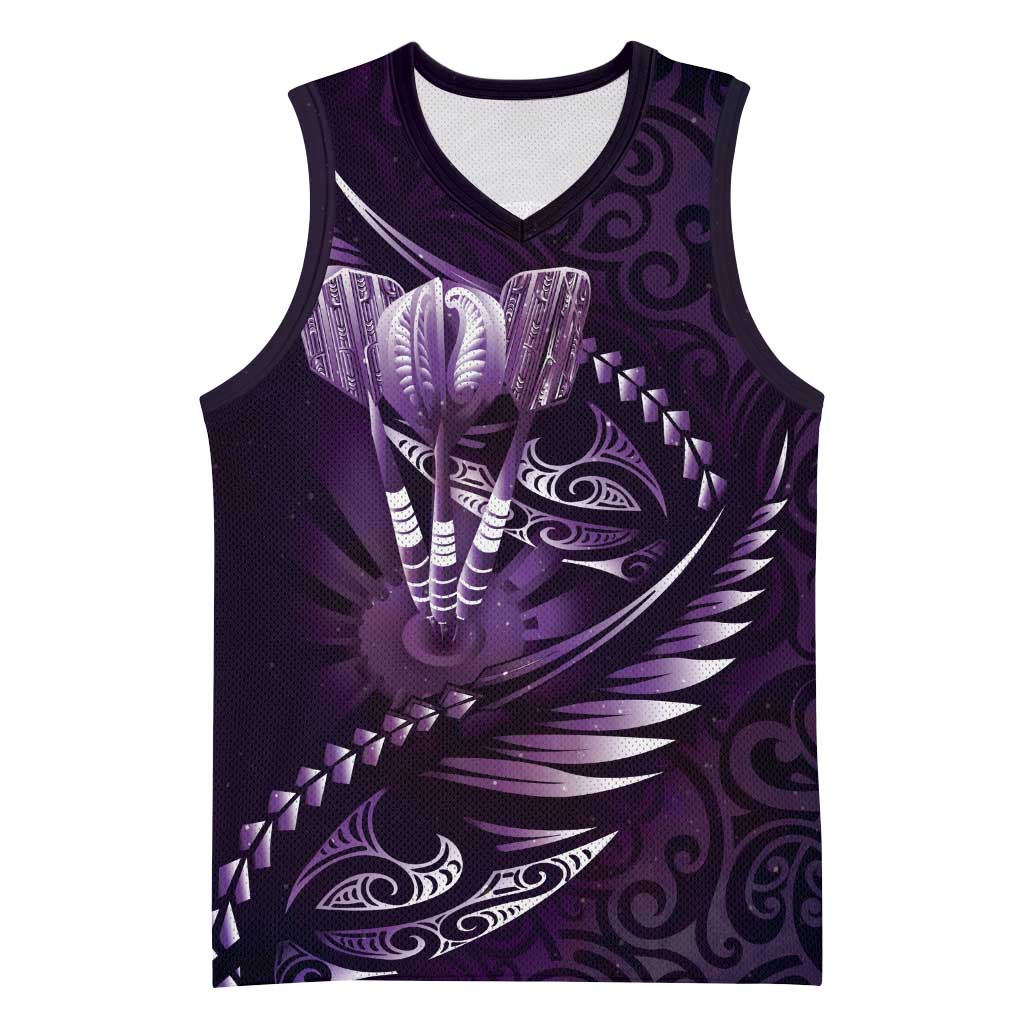 Personalised All Purple New Zealand Darts Basketball Jersey Aoteroa Fern Maori Galaxy Style LT14 Unisex Purple - Polynesian Pride