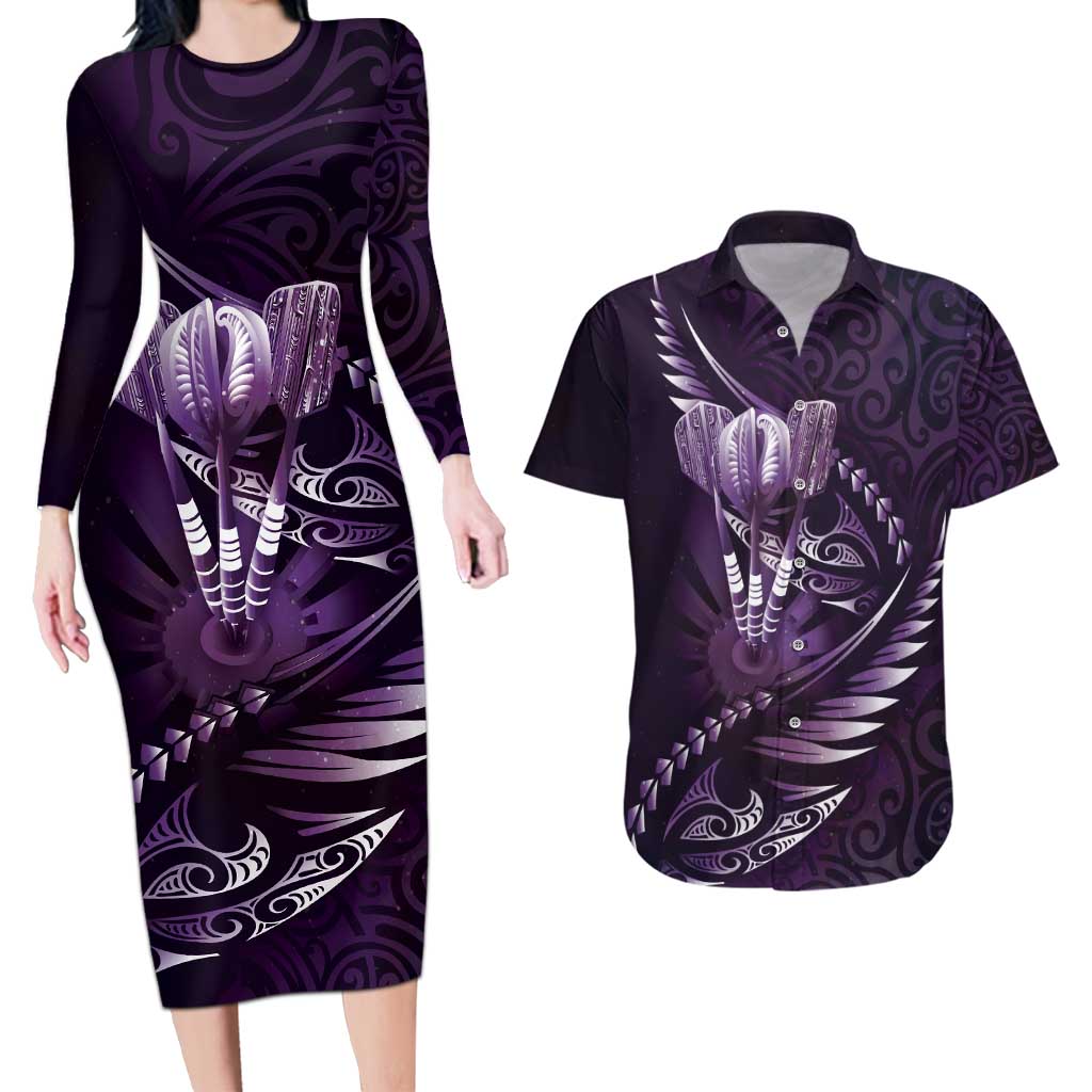 Personalised All Purple New Zealand Darts Couples Matching Long Sleeve Bodycon Dress and Hawaiian Shirt Aoteroa Fern Maori Galaxy Style LT14 Purple - Polynesian Pride