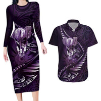 Personalised All Purple New Zealand Darts Couples Matching Long Sleeve Bodycon Dress and Hawaiian Shirt Aoteroa Fern Maori Galaxy Style LT14 Purple - Polynesian Pride