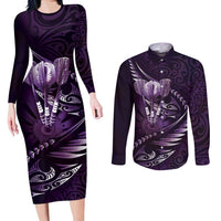 Personalised All Purple New Zealand Darts Couples Matching Long Sleeve Bodycon Dress and Long Sleeve Button Shirt Aoteroa Fern Maori Galaxy Style LT14 Purple - Polynesian Pride