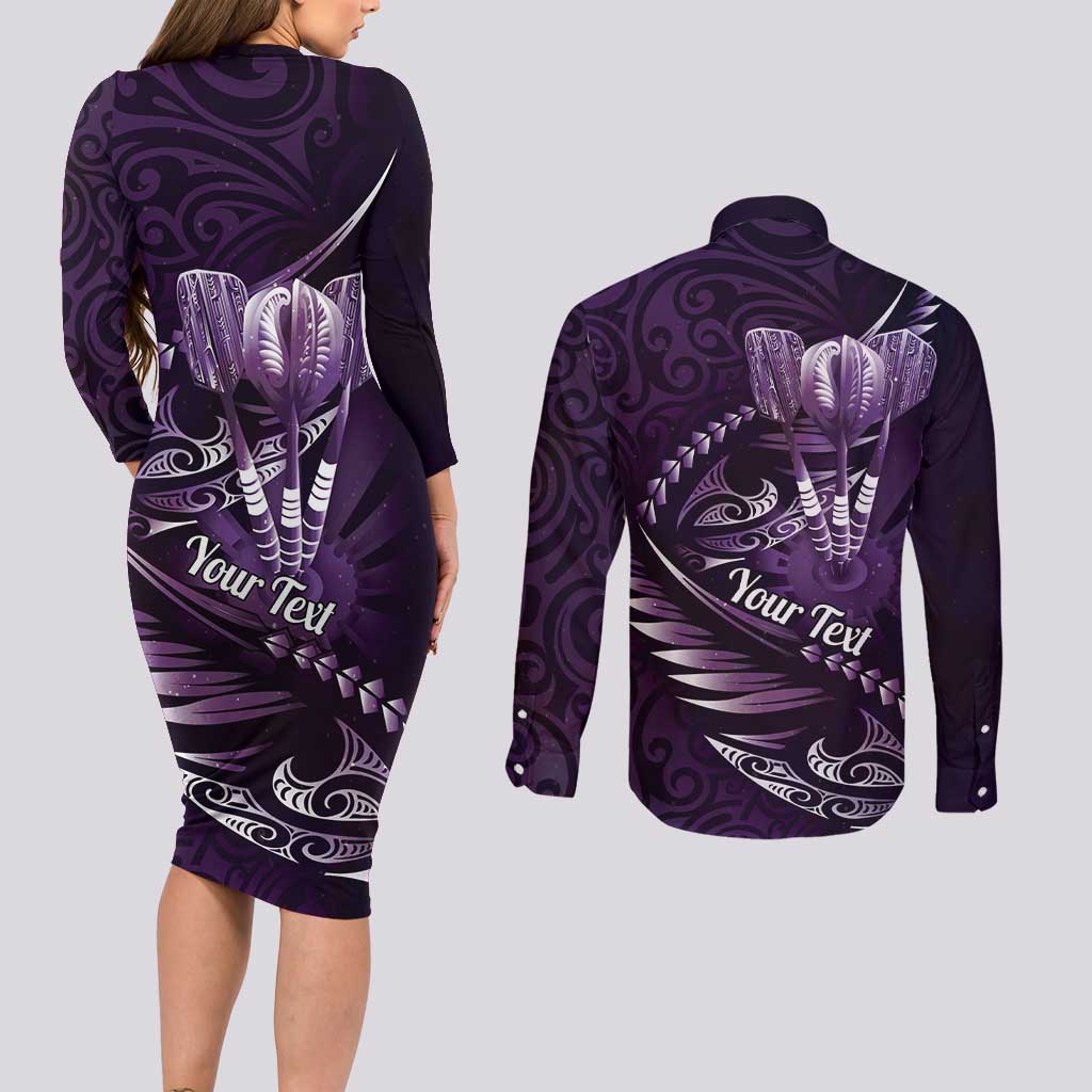 Personalised All Purple New Zealand Darts Couples Matching Long Sleeve Bodycon Dress and Long Sleeve Button Shirt Aoteroa Fern Maori Galaxy Style LT14 - Polynesian Pride