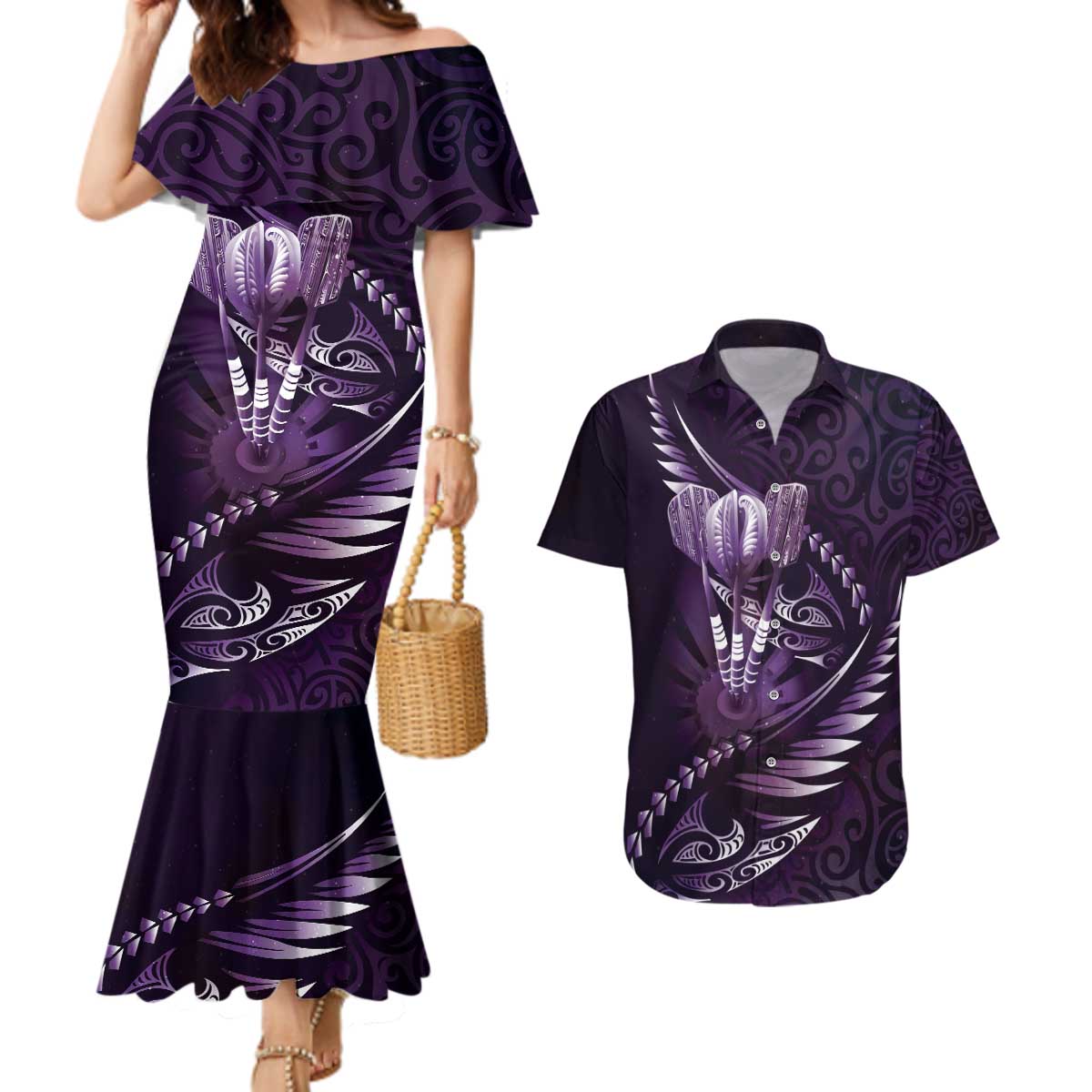 Personalised All Purple New Zealand Darts Couples Matching Mermaid Dress and Hawaiian Shirt Aoteroa Fern Maori Galaxy Style LT14 Purple - Polynesian Pride