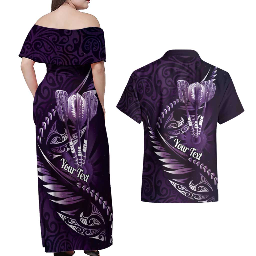 Personalised All Purple New Zealand Darts Couples Matching Off Shoulder Maxi Dress and Hawaiian Shirt Aoteroa Fern Maori Galaxy Style LT14 - Polynesian Pride