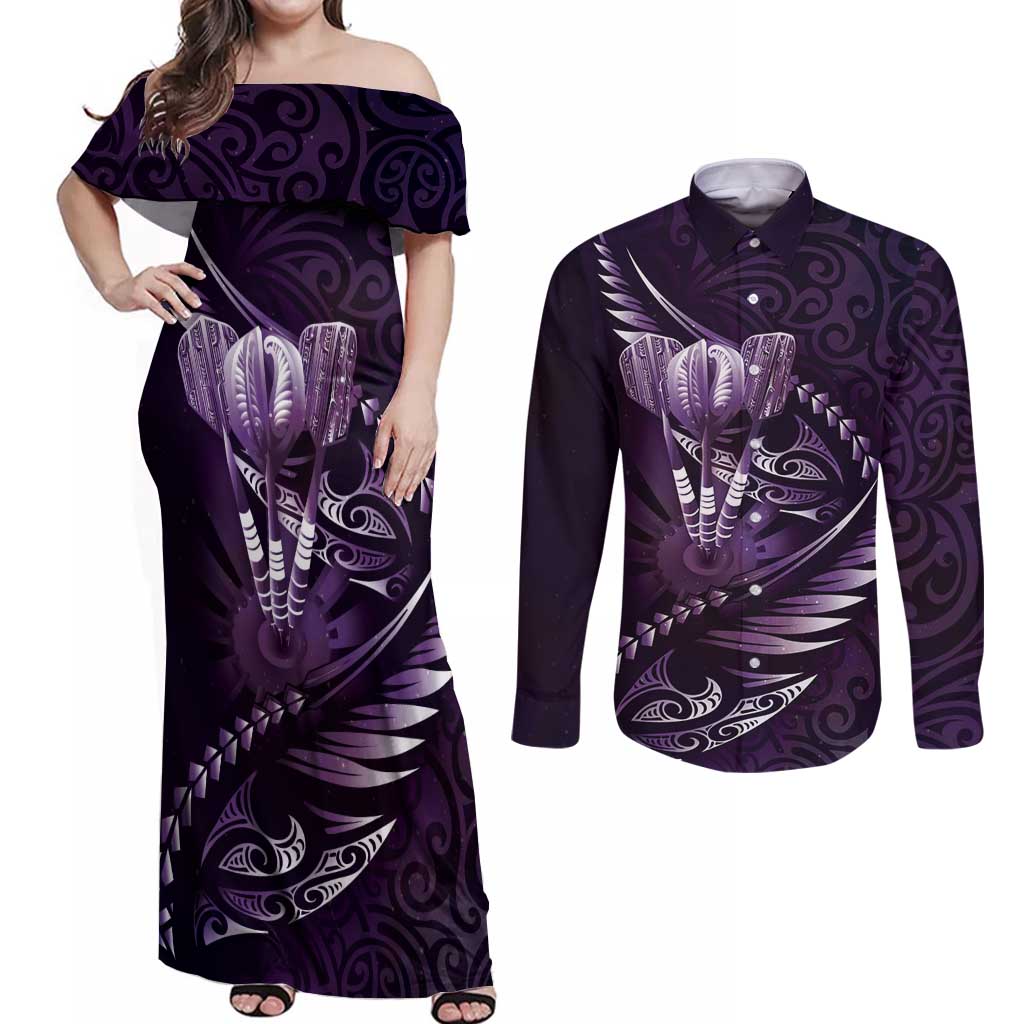 Personalised All Purple New Zealand Darts Couples Matching Off Shoulder Maxi Dress and Long Sleeve Button Shirt Aoteroa Fern Maori Galaxy Style LT14 Purple - Polynesian Pride
