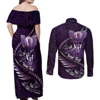 Personalised All Purple New Zealand Darts Couples Matching Off Shoulder Maxi Dress and Long Sleeve Button Shirt Aoteroa Fern Maori Galaxy Style LT14 - Polynesian Pride