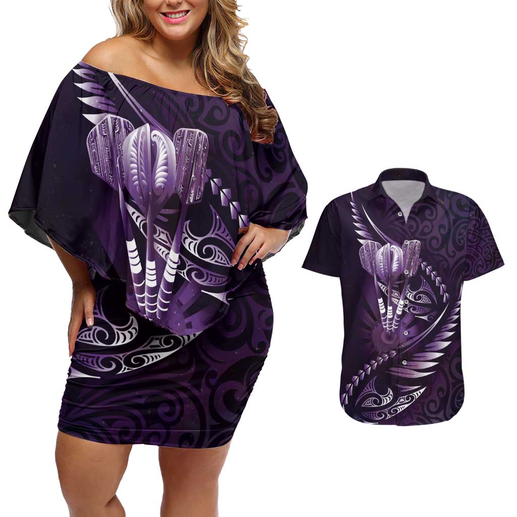Personalised All Purple New Zealand Darts Couples Matching Off Shoulder Short Dress and Hawaiian Shirt Aoteroa Fern Maori Galaxy Style LT14 Purple - Polynesian Pride