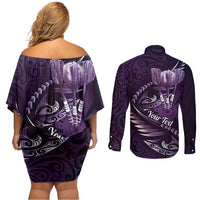 Personalised All Purple New Zealand Darts Couples Matching Off Shoulder Short Dress and Long Sleeve Button Shirt Aoteroa Fern Maori Galaxy Style LT14 - Polynesian Pride