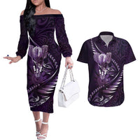 Personalised All Purple New Zealand Darts Couples Matching Off The Shoulder Long Sleeve Dress and Hawaiian Shirt Aoteroa Fern Maori Galaxy Style LT14 Purple - Polynesian Pride
