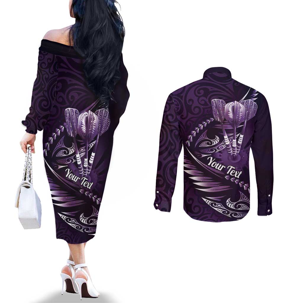 Personalised All Purple New Zealand Darts Couples Matching Off The Shoulder Long Sleeve Dress and Long Sleeve Button Shirt Aoteroa Fern Maori Galaxy Style LT14 - Polynesian Pride