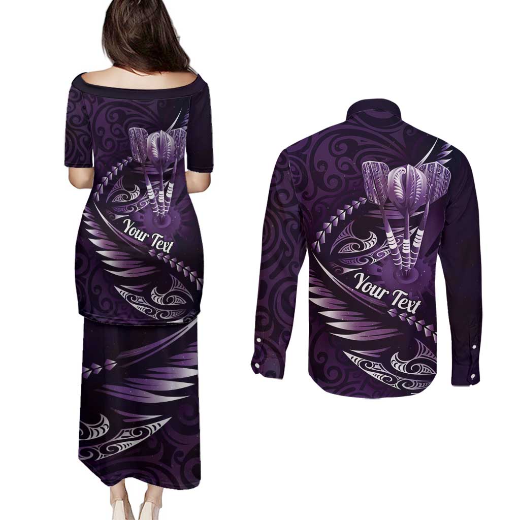 Personalised All Purple New Zealand Darts Couples Matching Puletasi and Long Sleeve Button Shirt Aoteroa Fern Maori Galaxy Style LT14 - Polynesian Pride