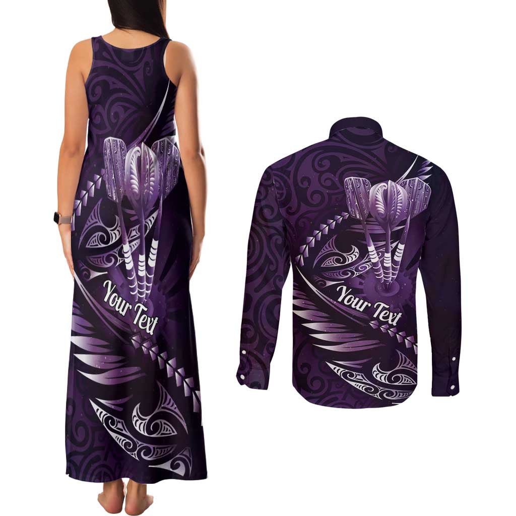 Personalised All Purple New Zealand Darts Couples Matching Tank Maxi Dress and Long Sleeve Button Shirt Aoteroa Fern Maori Galaxy Style LT14 - Polynesian Pride