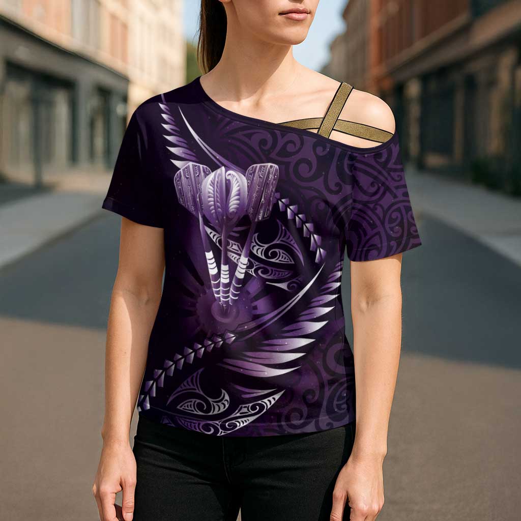 Personalised All Purple New Zealand Darts Cross Shoulder Shirt Aoteroa Fern Maori Galaxy Style LT14 - Polynesian Pride