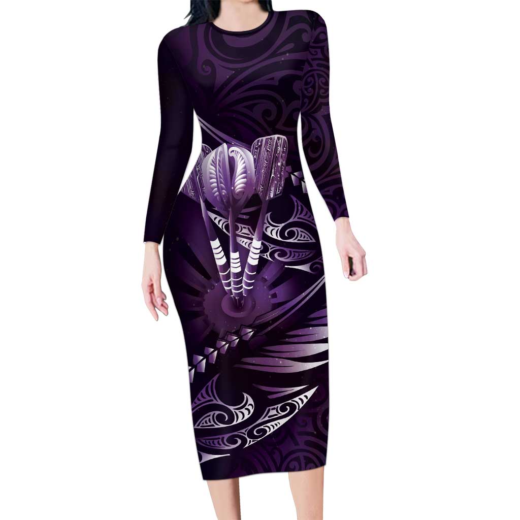 Personalised All Purple New Zealand Darts Family Matching Long Sleeve Bodycon Dress and Hawaiian Shirt Aoteroa Fern Maori Galaxy Style LT14 Mom's Dress Purple - Polynesian Pride