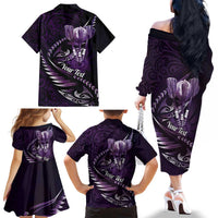 Personalised All Purple New Zealand Darts Family Matching Off The Shoulder Long Sleeve Dress and Hawaiian Shirt Aoteroa Fern Maori Galaxy Style LT14 - Polynesian Pride