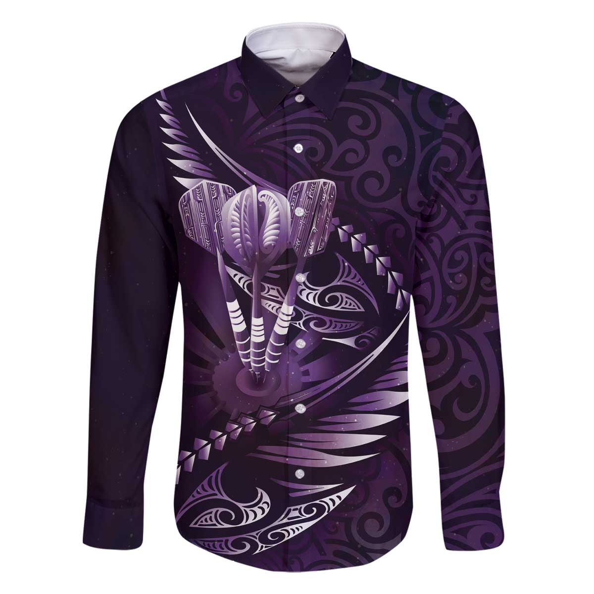 Personalised All Purple New Zealand Darts Family Matching Off The Shoulder Long Sleeve Dress and Hawaiian Shirt Aoteroa Fern Maori Galaxy Style LT14 Dad's Shirt - Long Sleeve Purple - Polynesian Pride