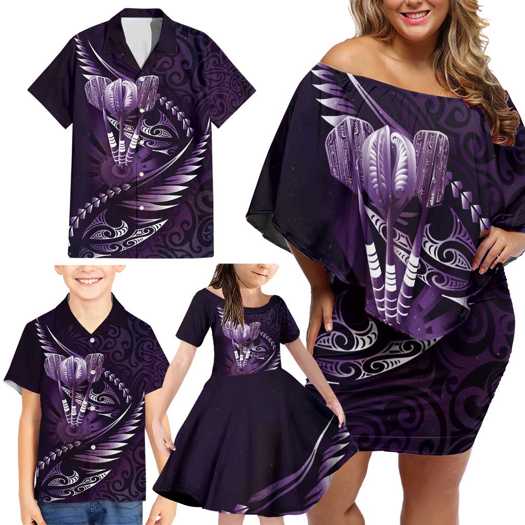Personalised All Purple New Zealand Darts Family Matching Off Shoulder Short Dress and Hawaiian Shirt Aoteroa Fern Maori Galaxy Style LT14 - Polynesian Pride