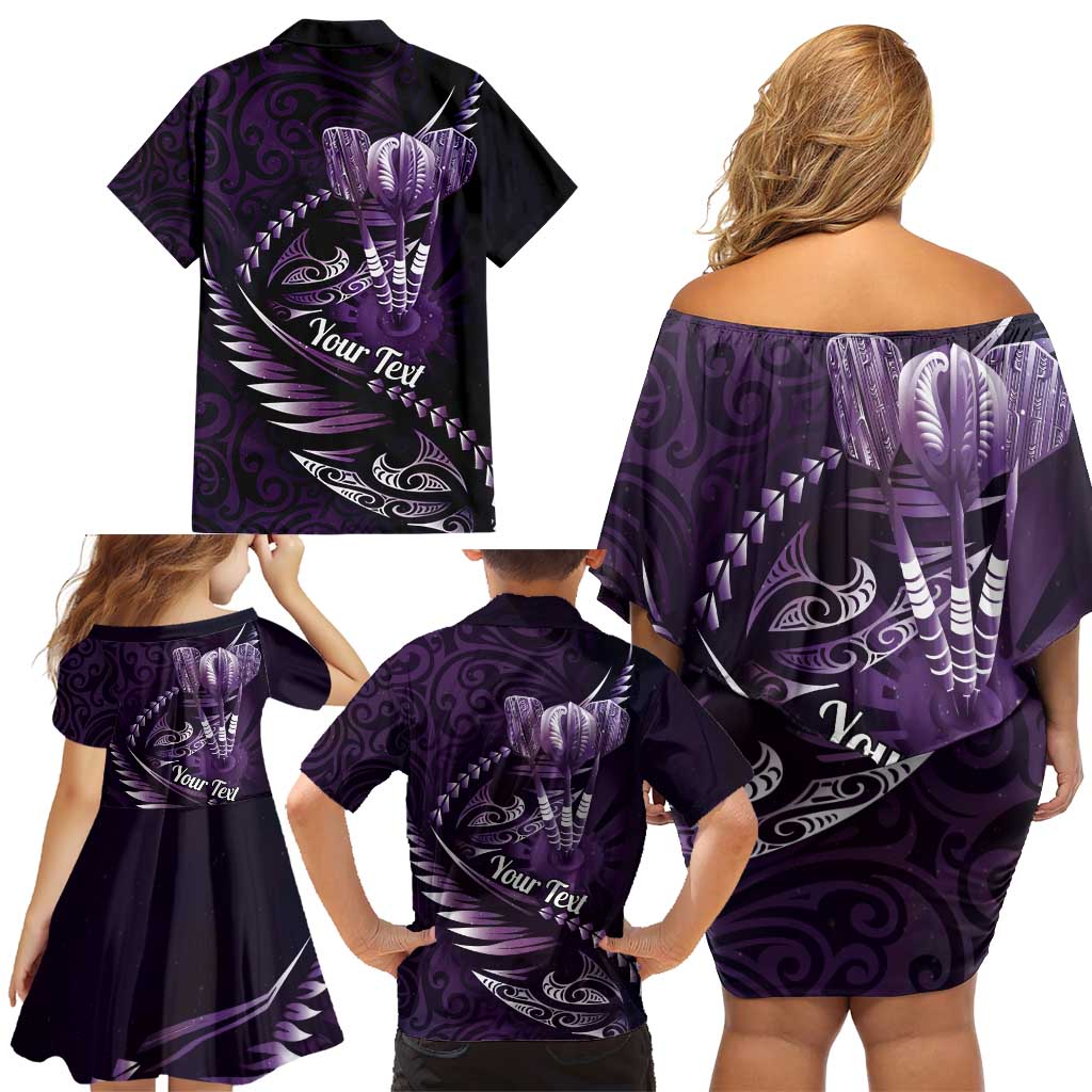 Personalised All Purple New Zealand Darts Family Matching Off Shoulder Short Dress and Hawaiian Shirt Aoteroa Fern Maori Galaxy Style LT14 - Polynesian Pride