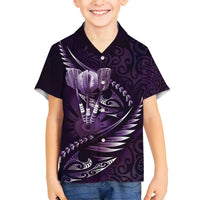 Personalised All Purple New Zealand Darts Family Matching Off Shoulder Short Dress and Hawaiian Shirt Aoteroa Fern Maori Galaxy Style LT14 Son's Shirt Purple - Polynesian Pride