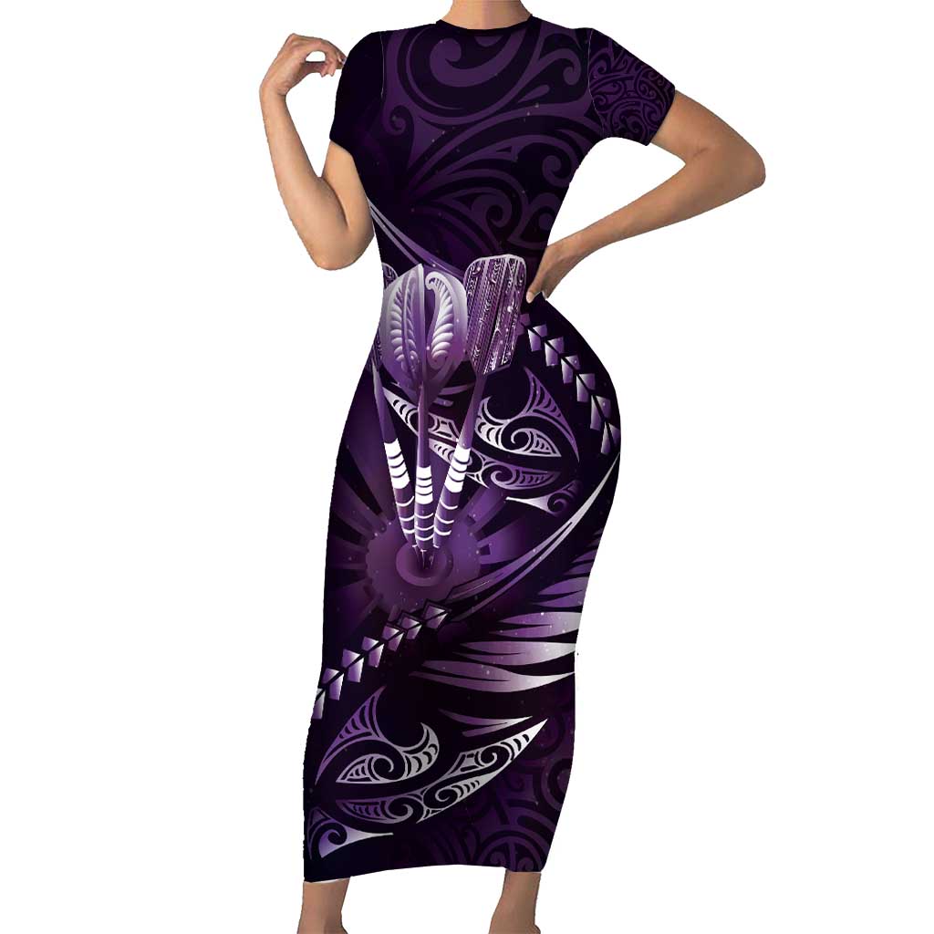 Personalised All Purple New Zealand Darts Family Matching Short Sleeve Bodycon Dress and Hawaiian Shirt Aoteroa Fern Maori Galaxy Style LT14 Mom's Dress Purple - Polynesian Pride